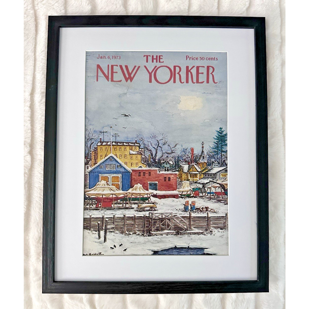 Framed 1973 The New Yorker Magazine Jan 6 Winter Harbor Town A. Hubbell